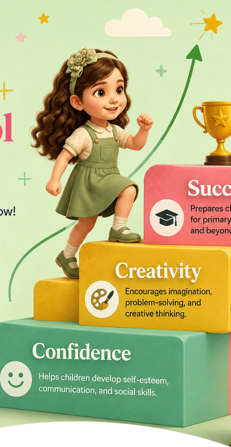 Illustrated girl climbing colourful steps labelled Confidence, Creativity and Success